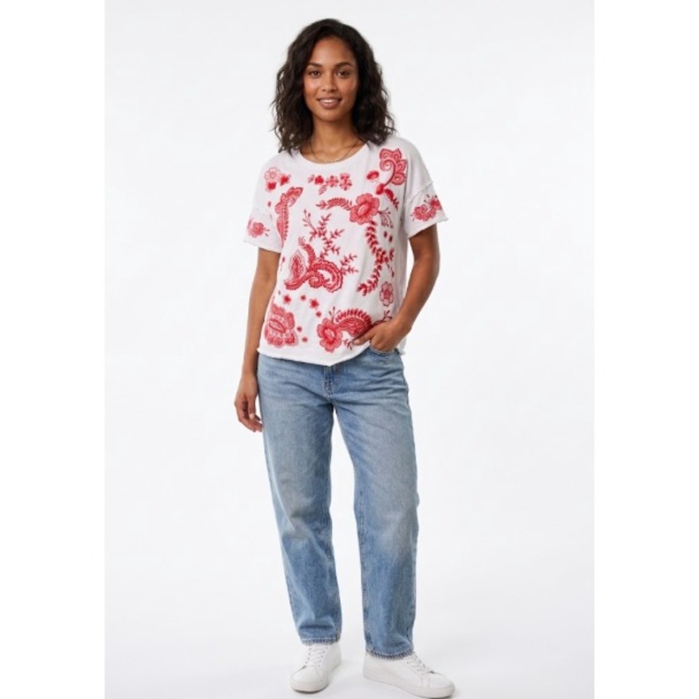 Johnny Was top Plus Size 1X White shirt  Raw Detail Swing T-Shirt embroidered